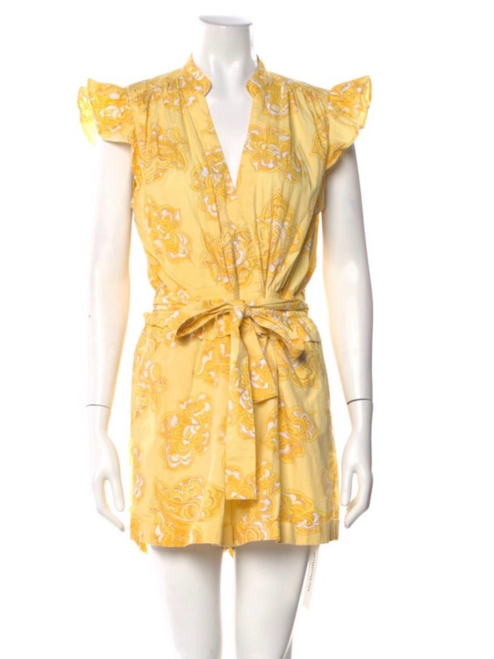 Derek Lam Paisley Wrap Romper, ruffle detail, sash, yellow, XS, EUC